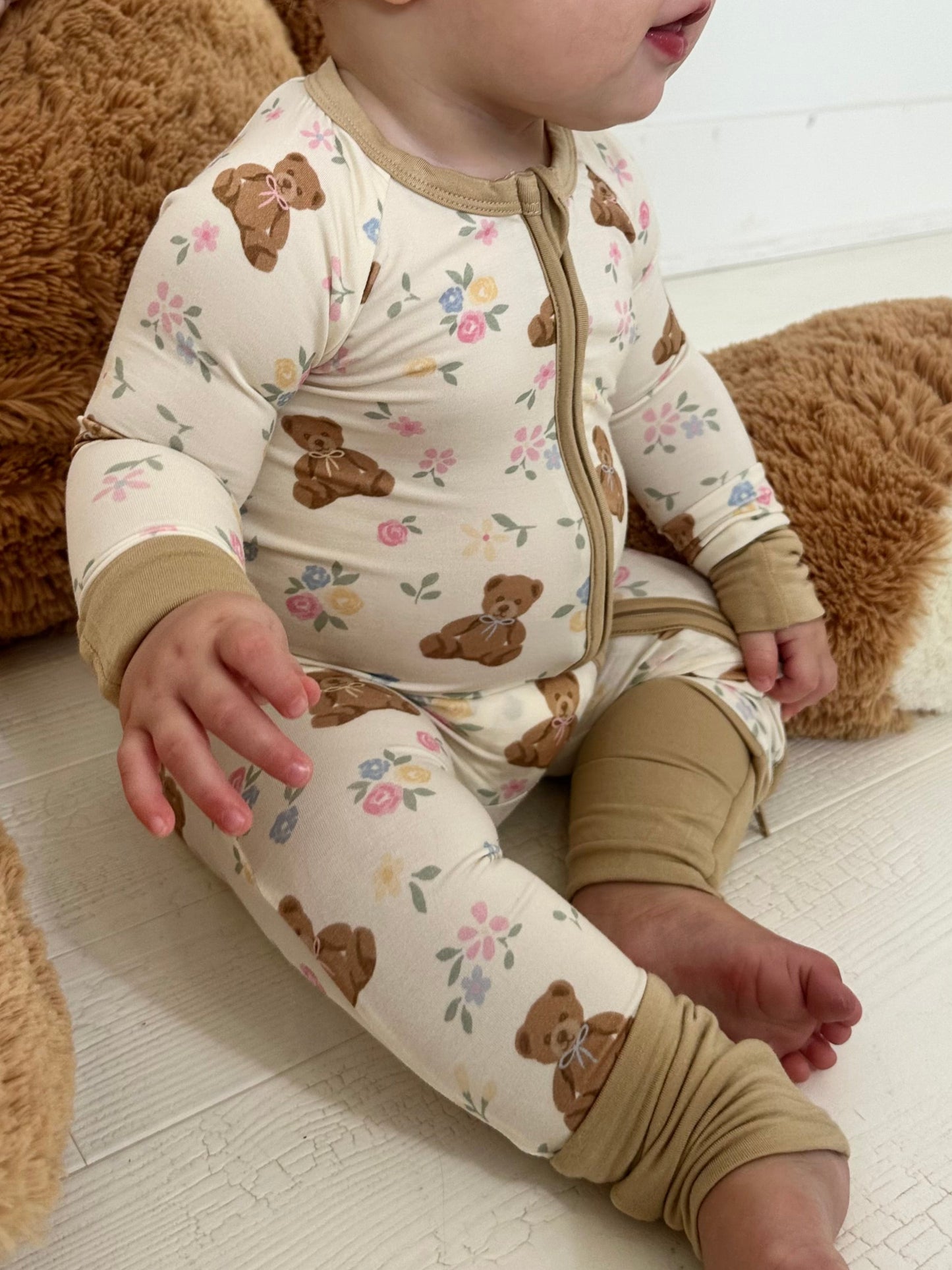 Teddy in Bloom - Zipper Footie Pajamas