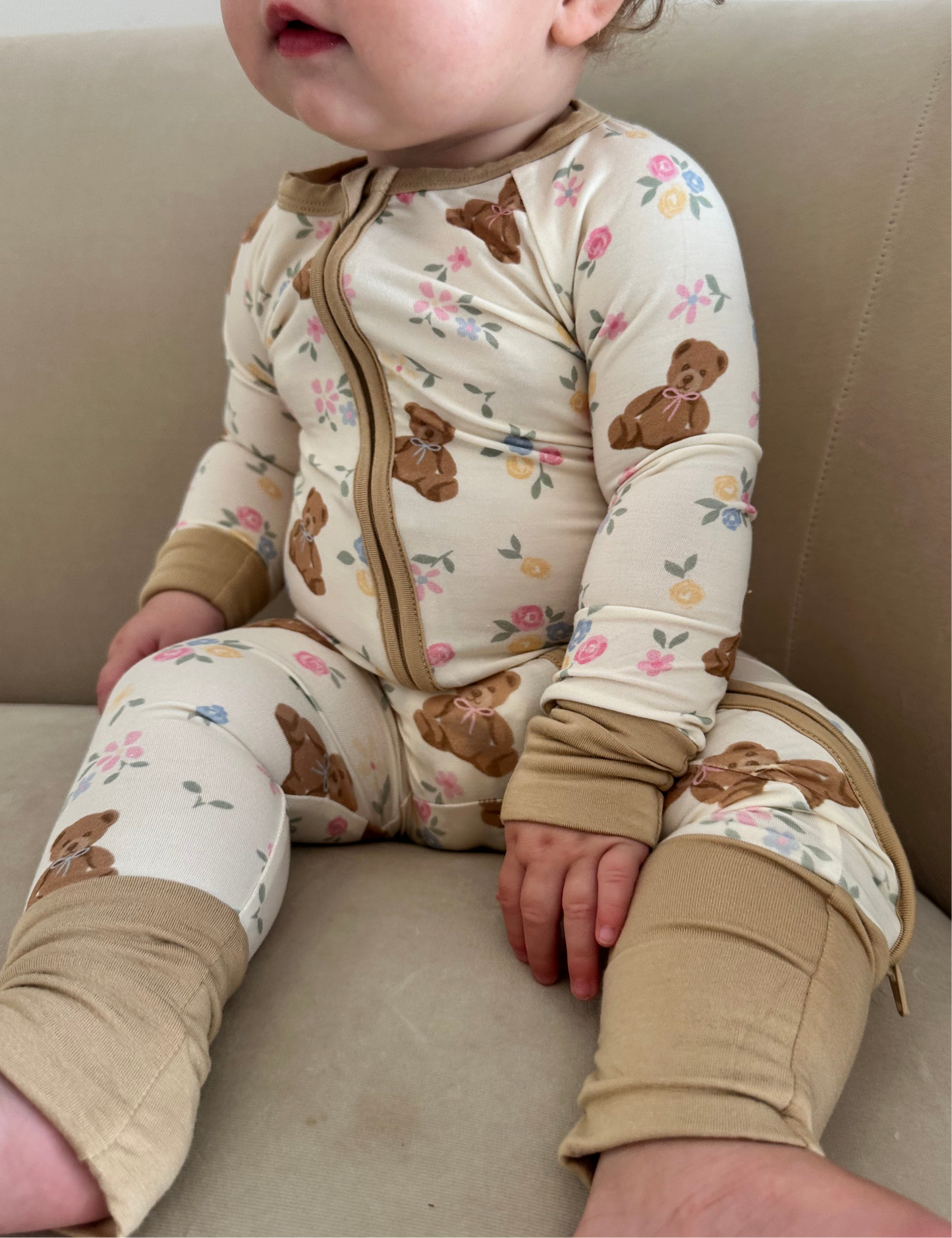 Teddy in Bloom - Zipper Footie Pajamas