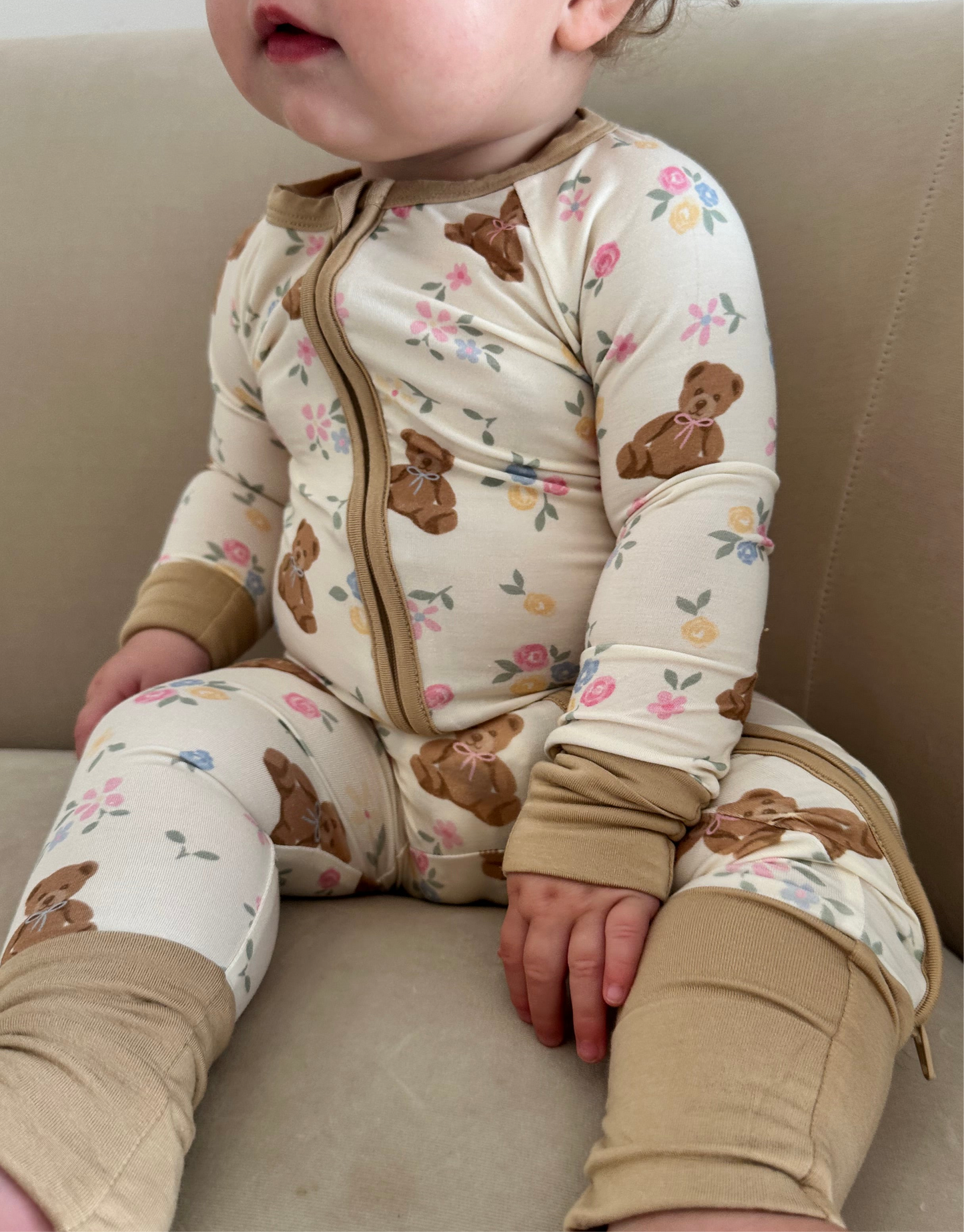Teddy in Bloom - Zipper Footie Pajamas