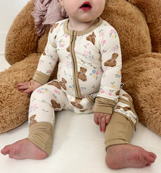 Teddy in Bloom - Zipper Footie Pajamas